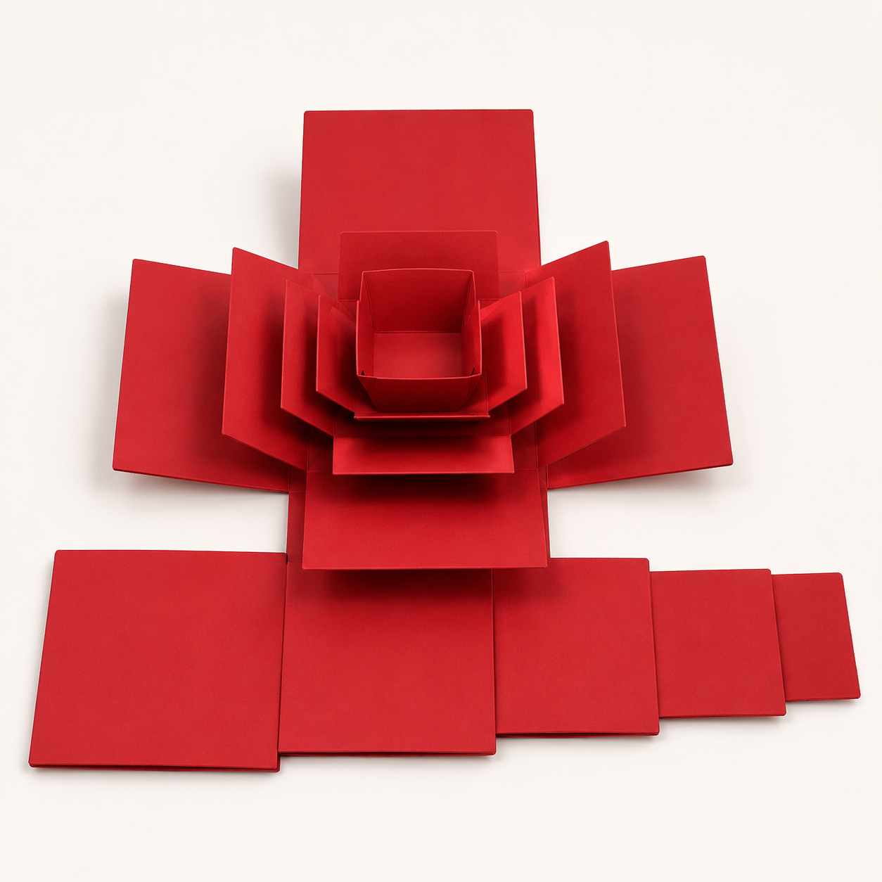 Plain red five-layer Exploding Box opened and empty